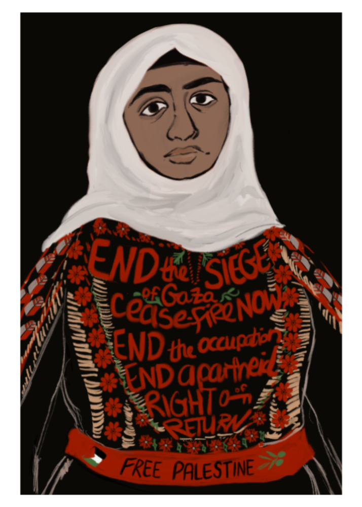 Woman with Thobe: Cease-fire Now, End the Siege, Free Palestine print, 5x7in